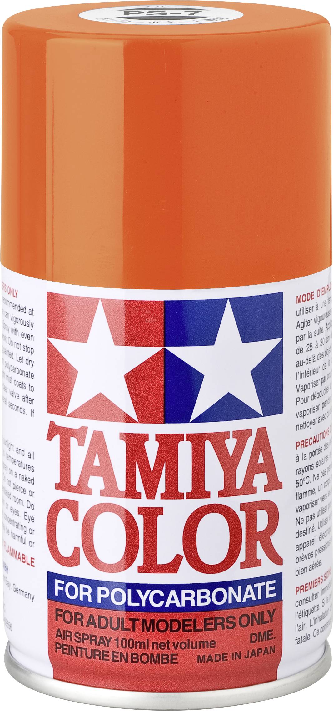 Spray can with orange 'Tamiya Colour' paint for polycarbonate, suitable for adult model makers. Made in Japan.
