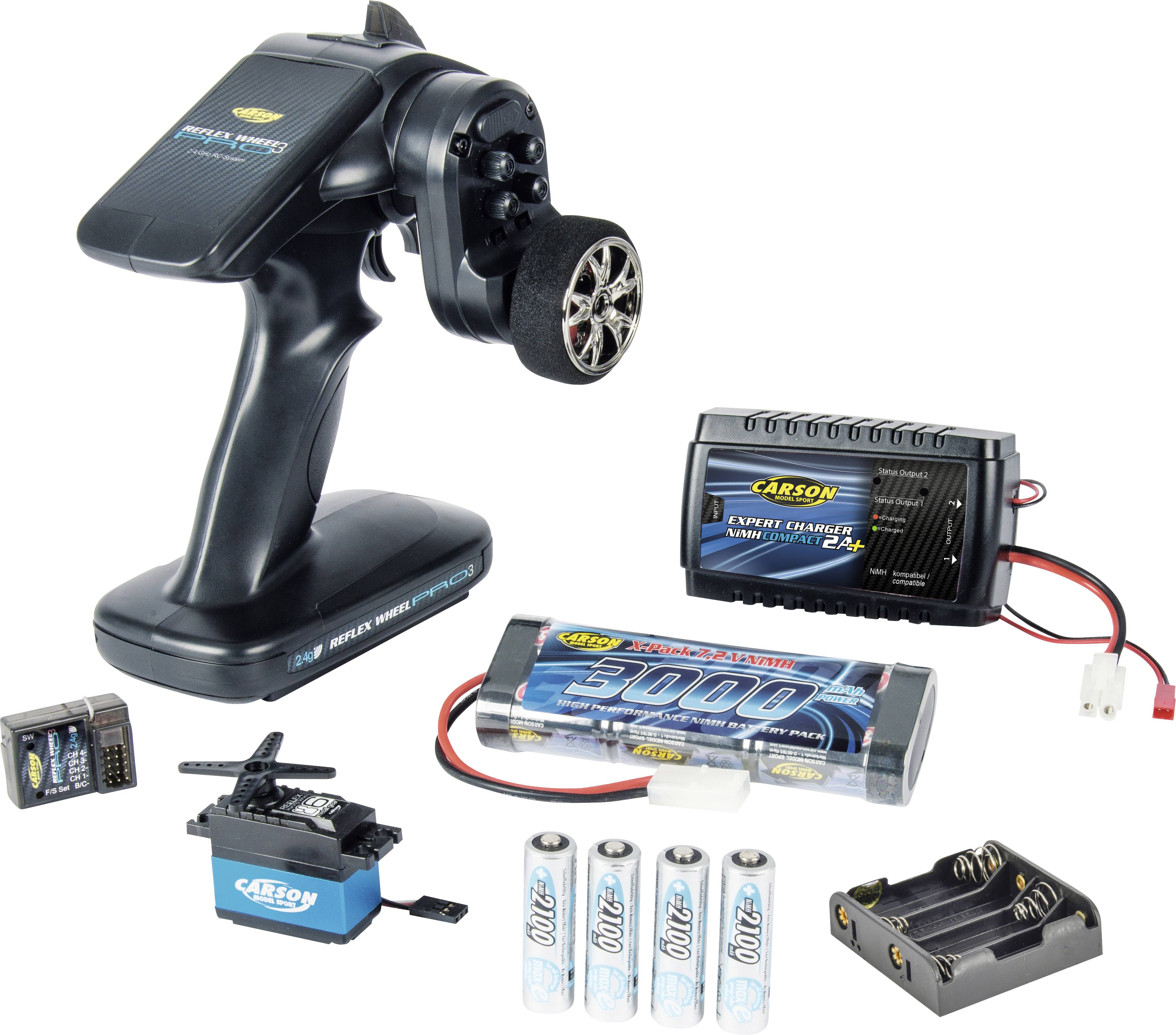 Remote-controlled set with remote control, rechargeable batteries, charger and receiver. Includes batteries, servo and connecting cables. Ideal for RC vehicles.