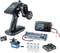 Remote control set with radio remote control, receiver, charger, battery, and batteries, suitable for model vehicles.