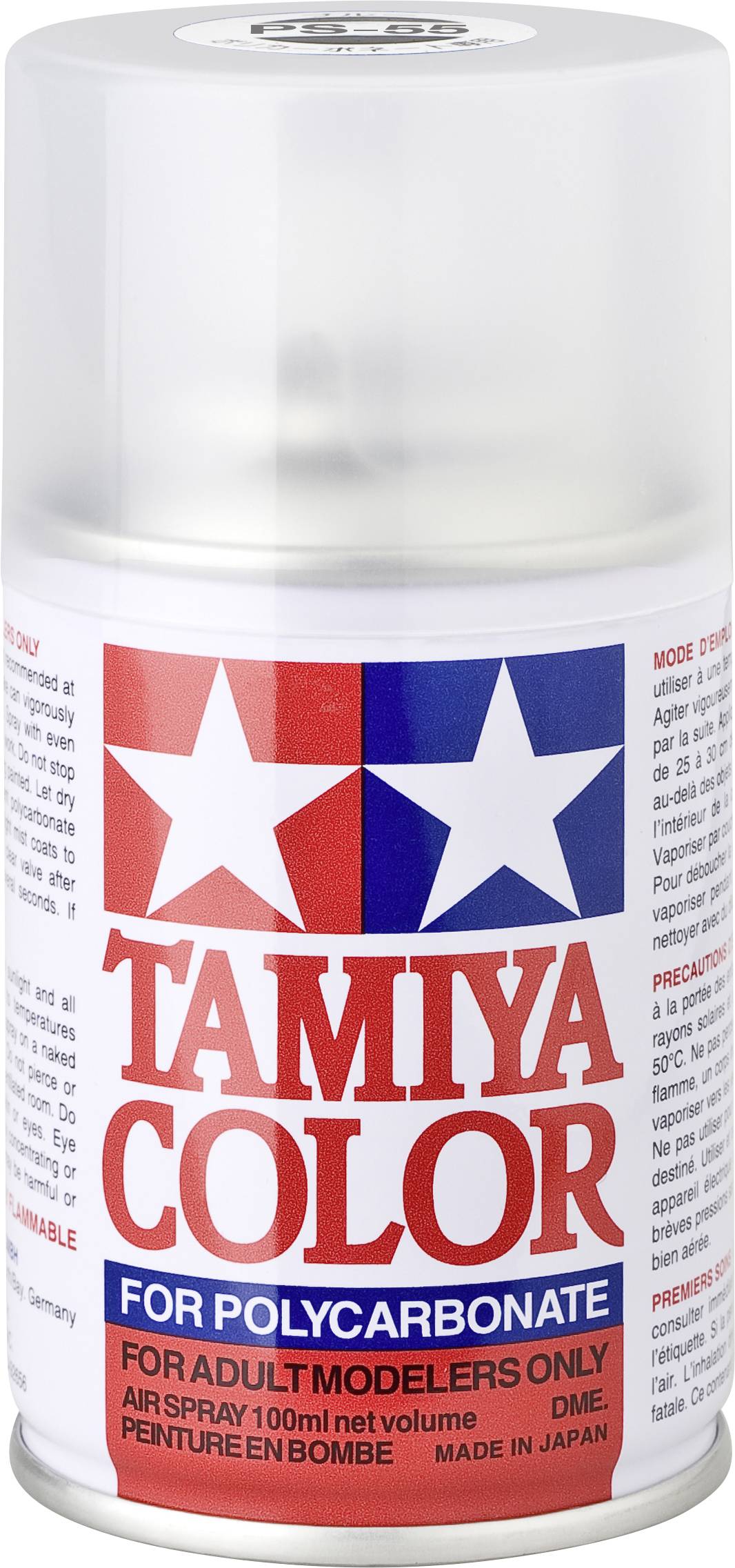 Tamiya Colour Spray Can for Polycarbonate Models, 100 ml, with Instructions in Japanese and English. Includes Adult Warning Notices.