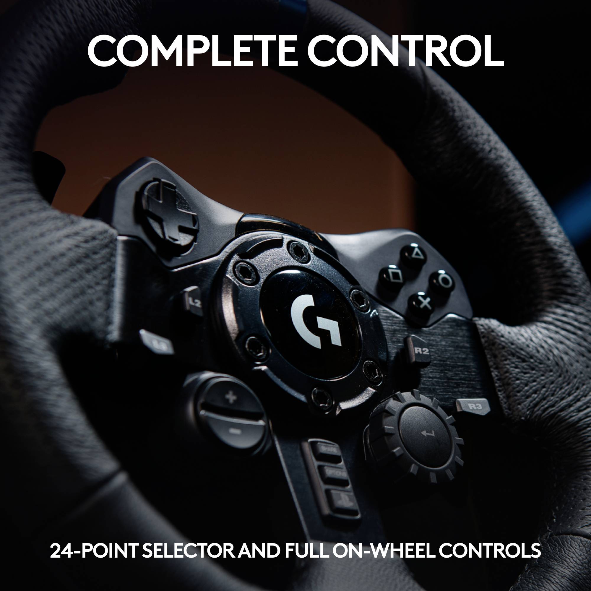 Steering wheel close-up with control buttons and dial, text 'Precise Control', emphasising versatility through 24 positions.