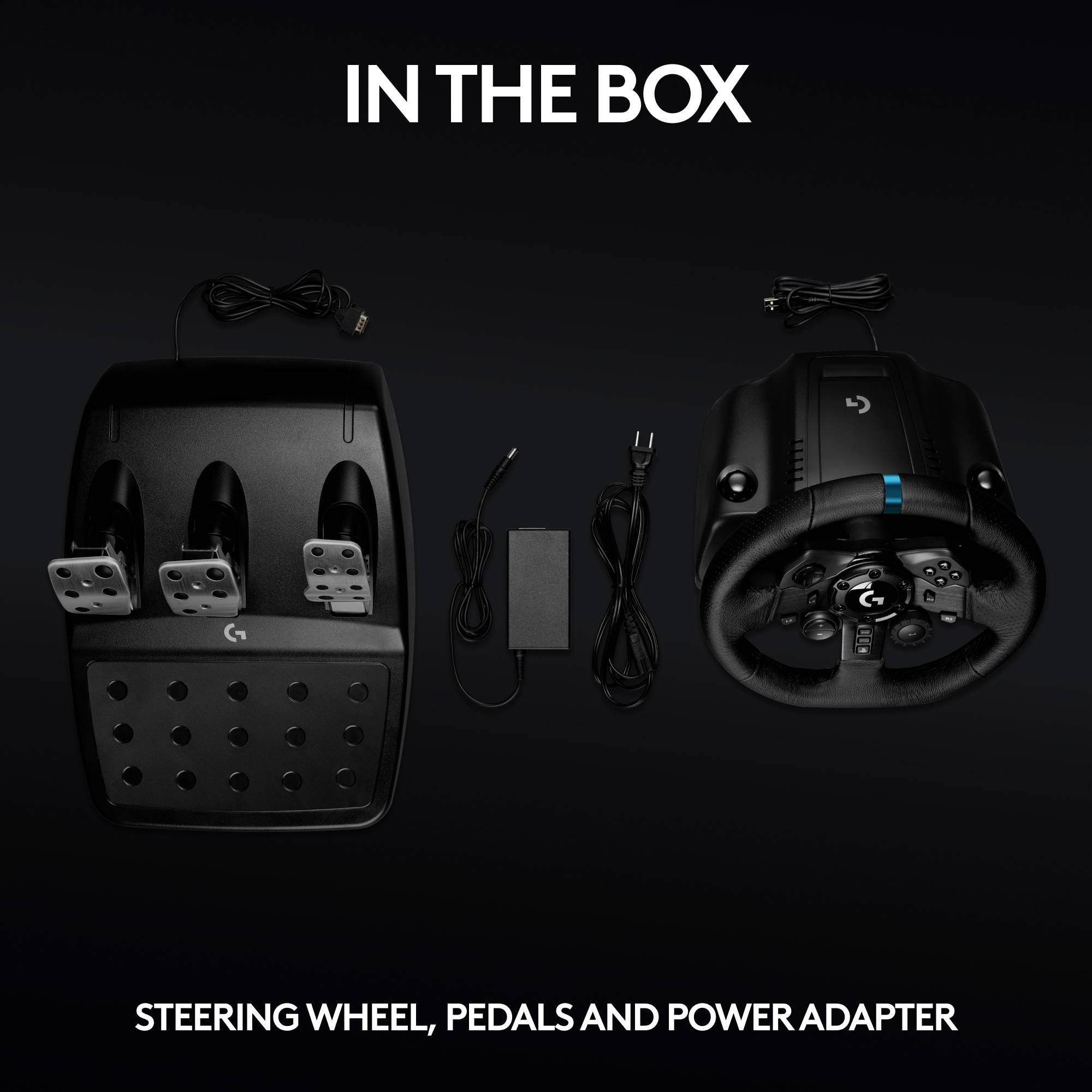 'The image shows the contents of a package: steering wheel, pedals, and power supply on a black background.'
