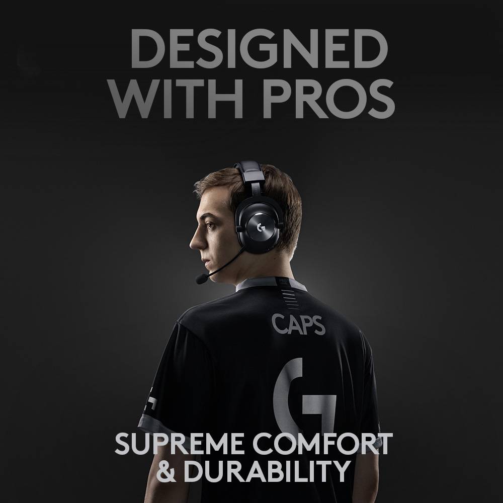 A man is wearing headphones, the back of his jersey reads 'CAPS'. Text at the top: 'Developed with Professionals'. Text at the bottom: 'First-class comfort & high durability'.
