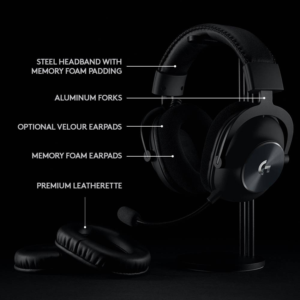 'Headphones on a stand with descriptions: Steel headband, memory foam cushioning, optional ear pads, high-quality faux leather.'