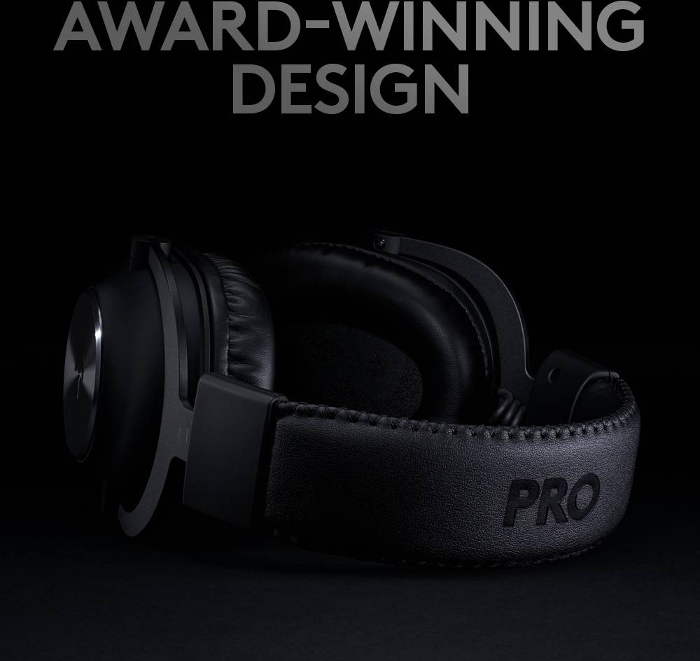 Black headphones with 'PRO' printed on them, underneath the text 'AWARD-WINNING DESIGN'.