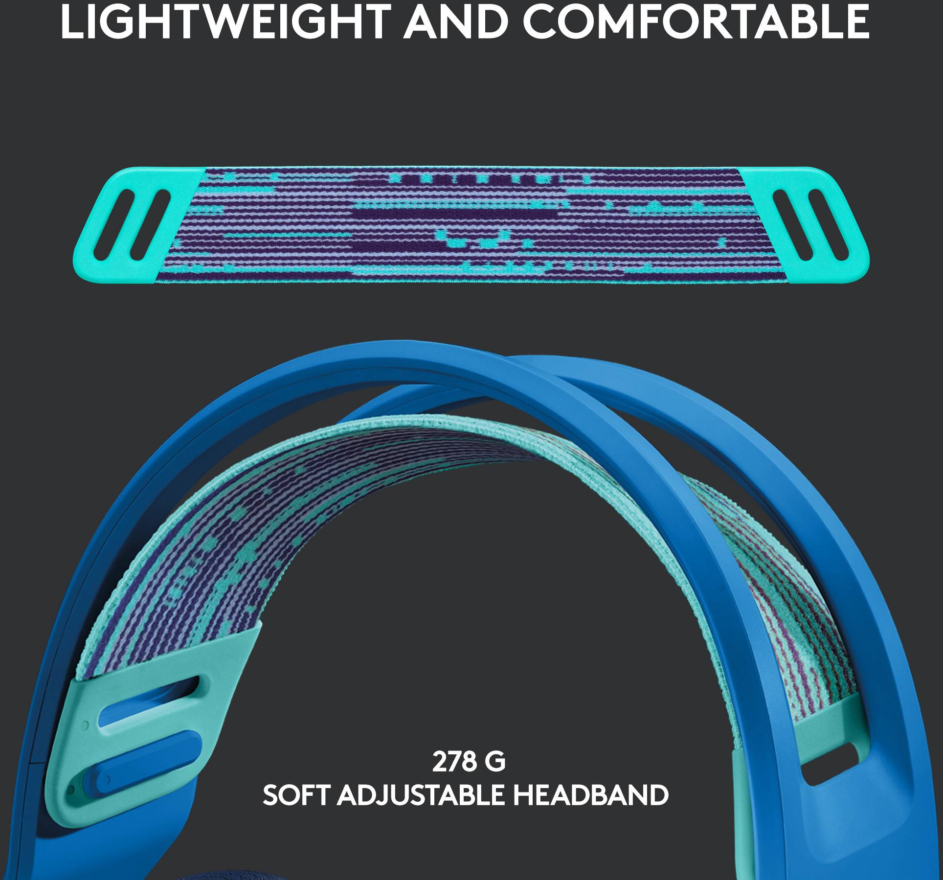 'Light and comfortable' in large letters above a turquoise-purple headband that promotes lightness (278 g) and adaptability.