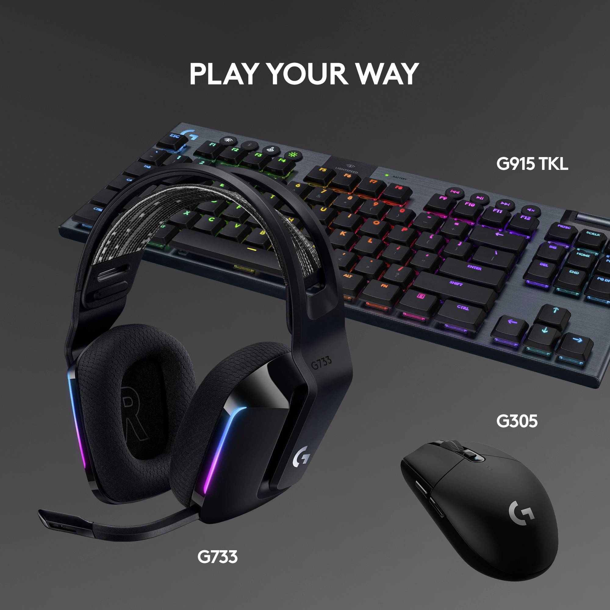 'Play Your Way' showcases a stylised gaming keyboard, headphones, and mouse with coloured lights, highlighted against a grey background.