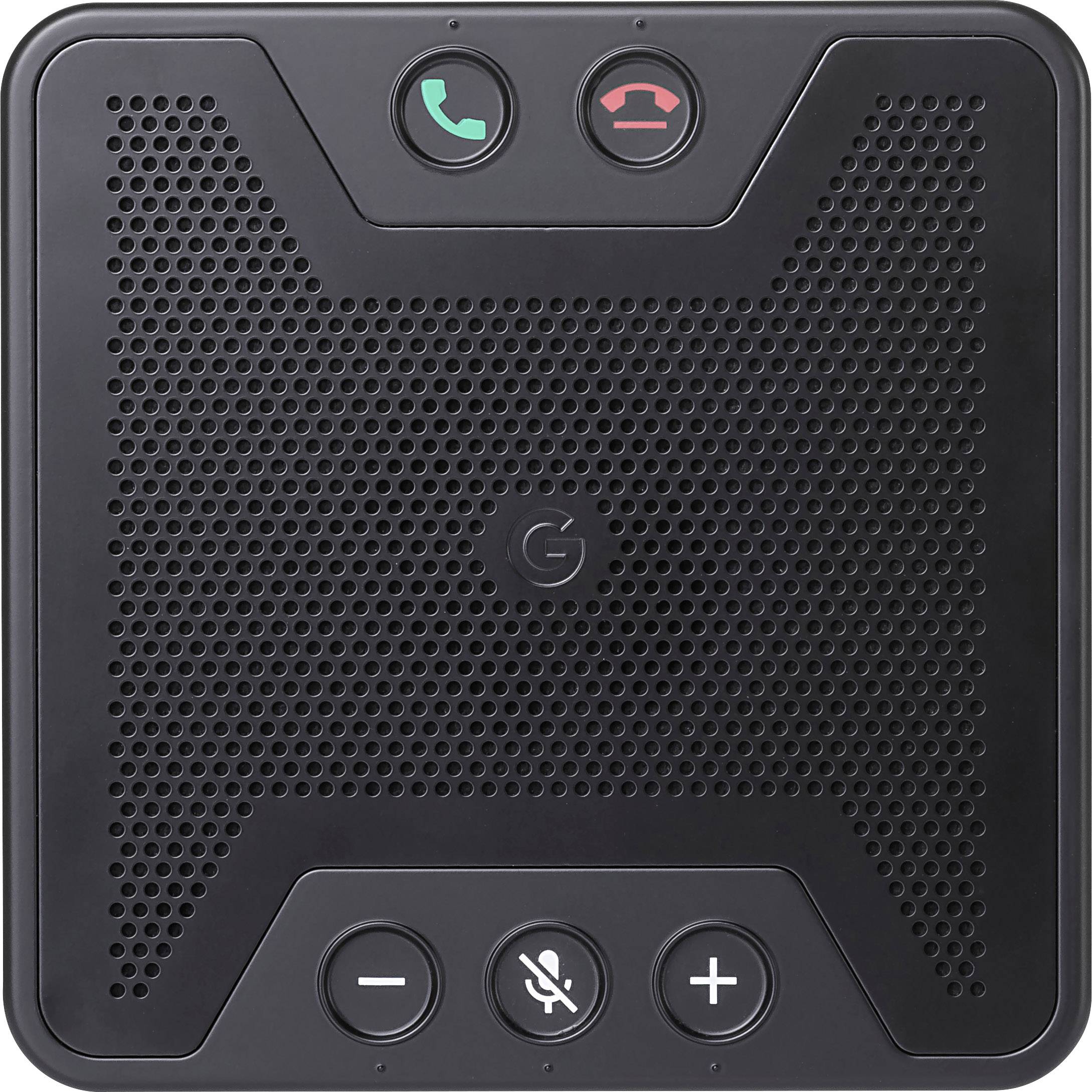 A rectangular, black and grey speaker with call buttons and microphone mute functionality. Design featuring a perforated surface.