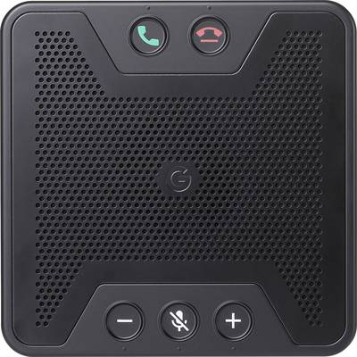 A rectangular, black and grey speaker with call buttons and microphone mute functionality. Design featuring a perforated surface.