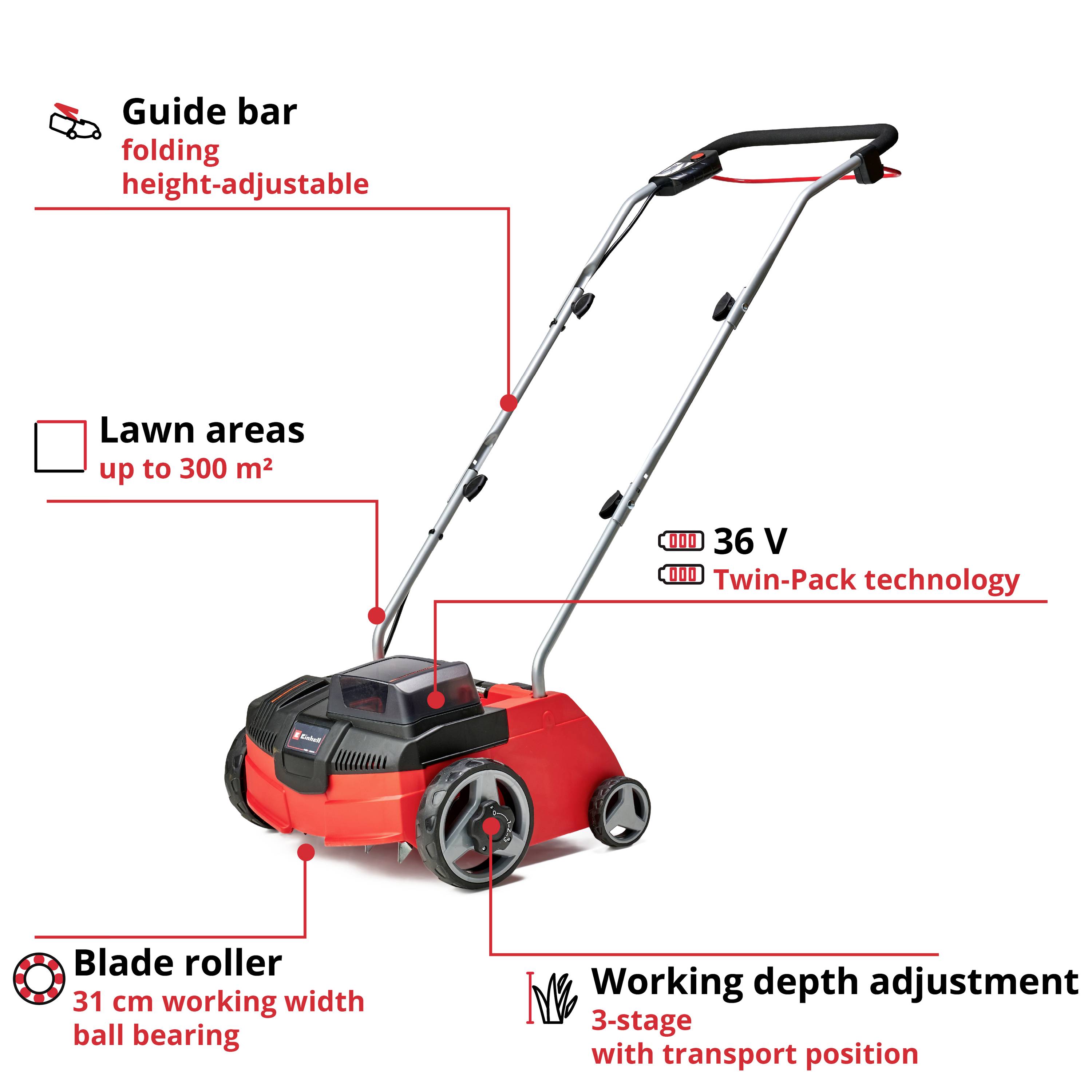 'Lawn mower with adjustable handle height, suitable for areas up to 350 m². 36 V, blade roller 31 cm. 3-stage working depth adjustment.'