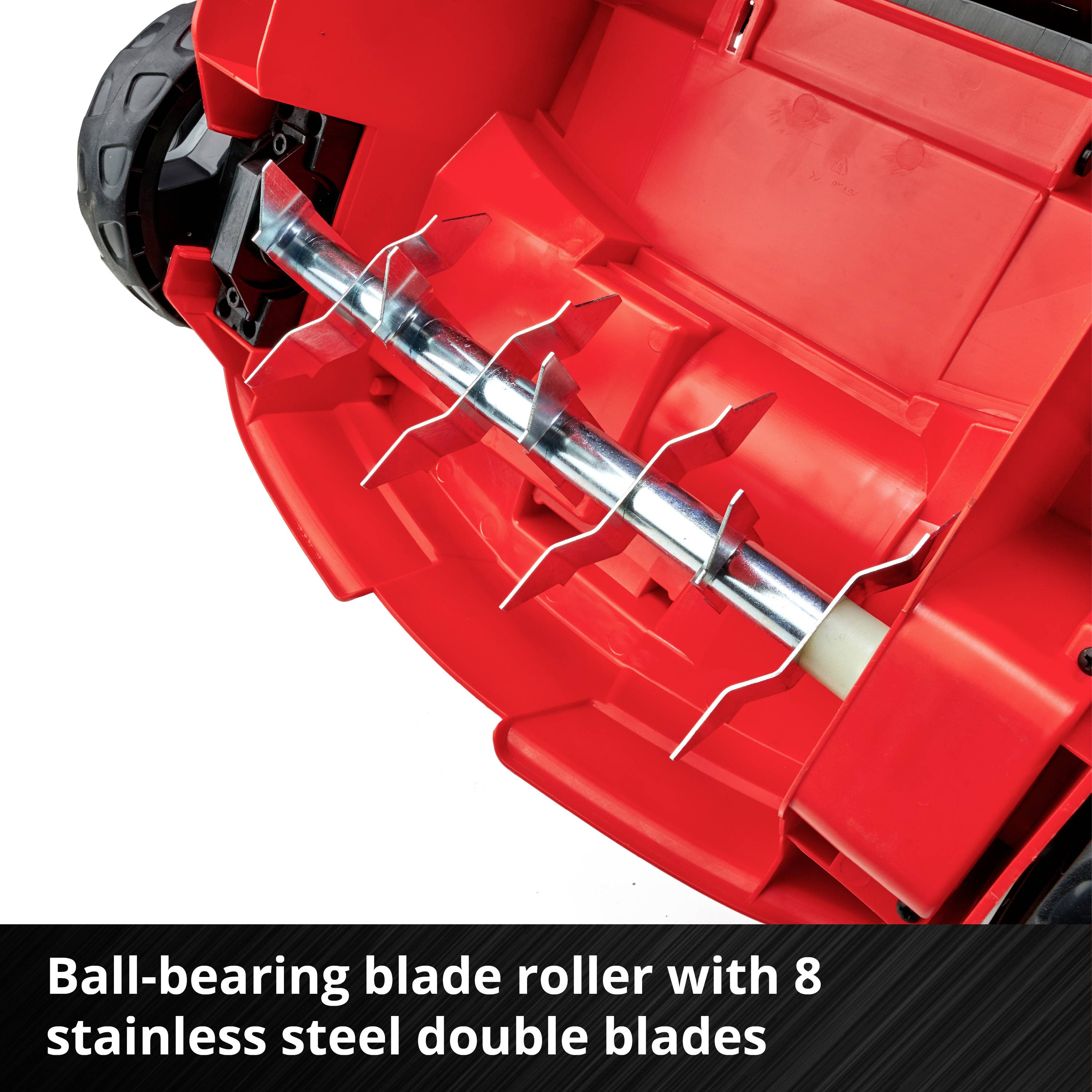 'Ball-bearing knife roller with 8 double blades made of stainless steel', red mechanical component.