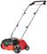 A red electric scarifier with a black handle and four wheels, suitable for lawn care.
