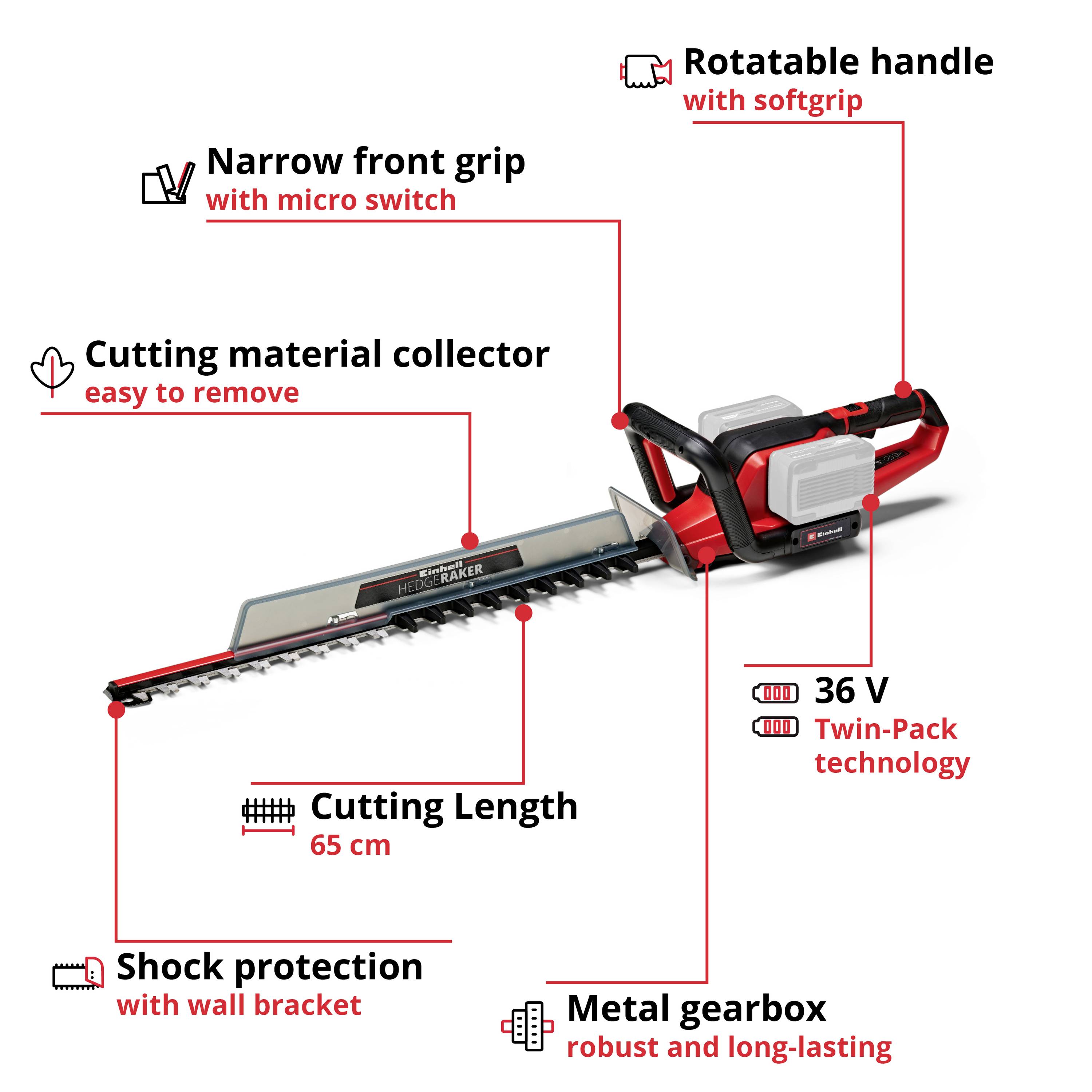 A chainsaw with a 65 cm cutting length, rotatable handle and impact-protected frame. Equipped with 36 V Twin-Pack technology.