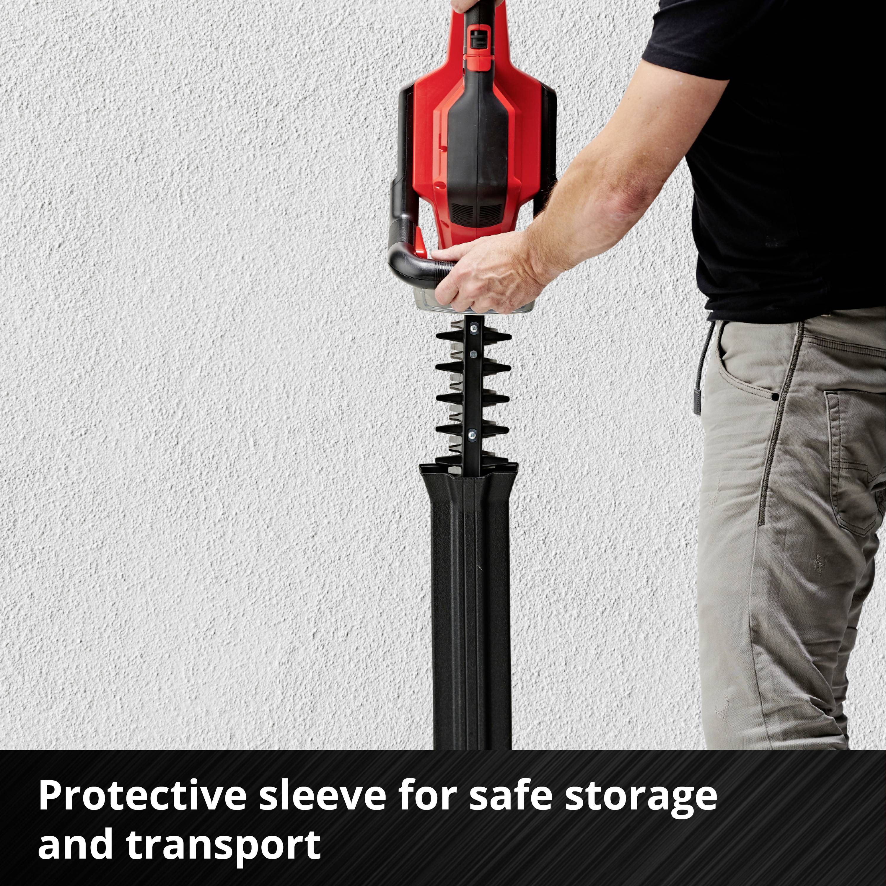 A person is holding hedge trimmers against a wall, with the text 'Protective Sheath for Safe Storage and Transportation' below.