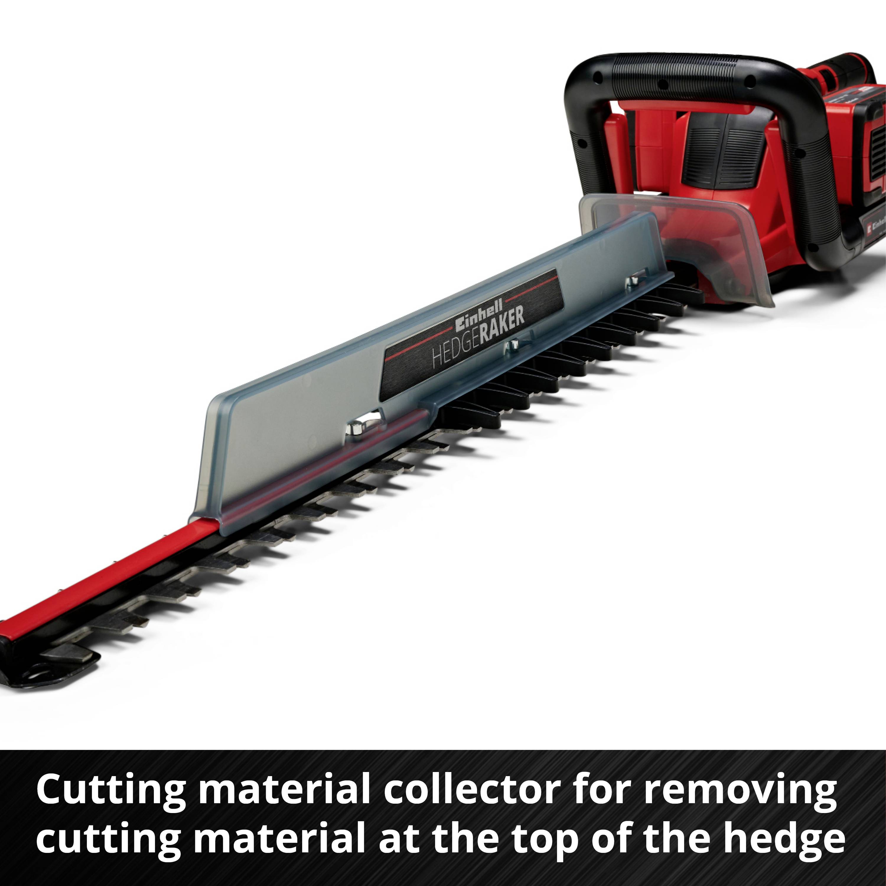 Hedge trimmer with an integrated cutting waste collector, which facilitates the removal of cuttings from the top of the hedge.
