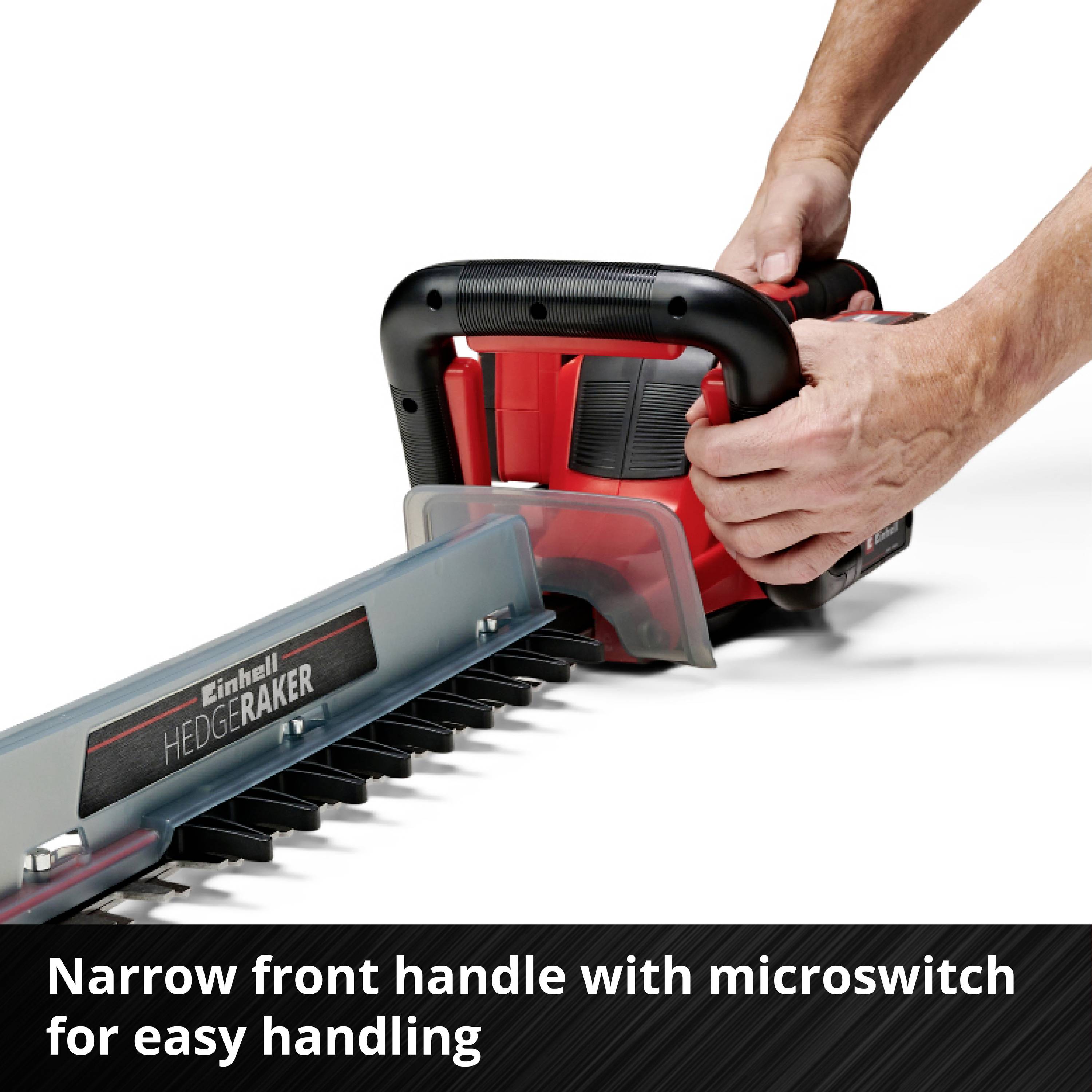 Einhell Hedge Trimmer with Narrow Front Handle and Micro-Switch. Hands holding the hedge, emphasising comfortable handling.