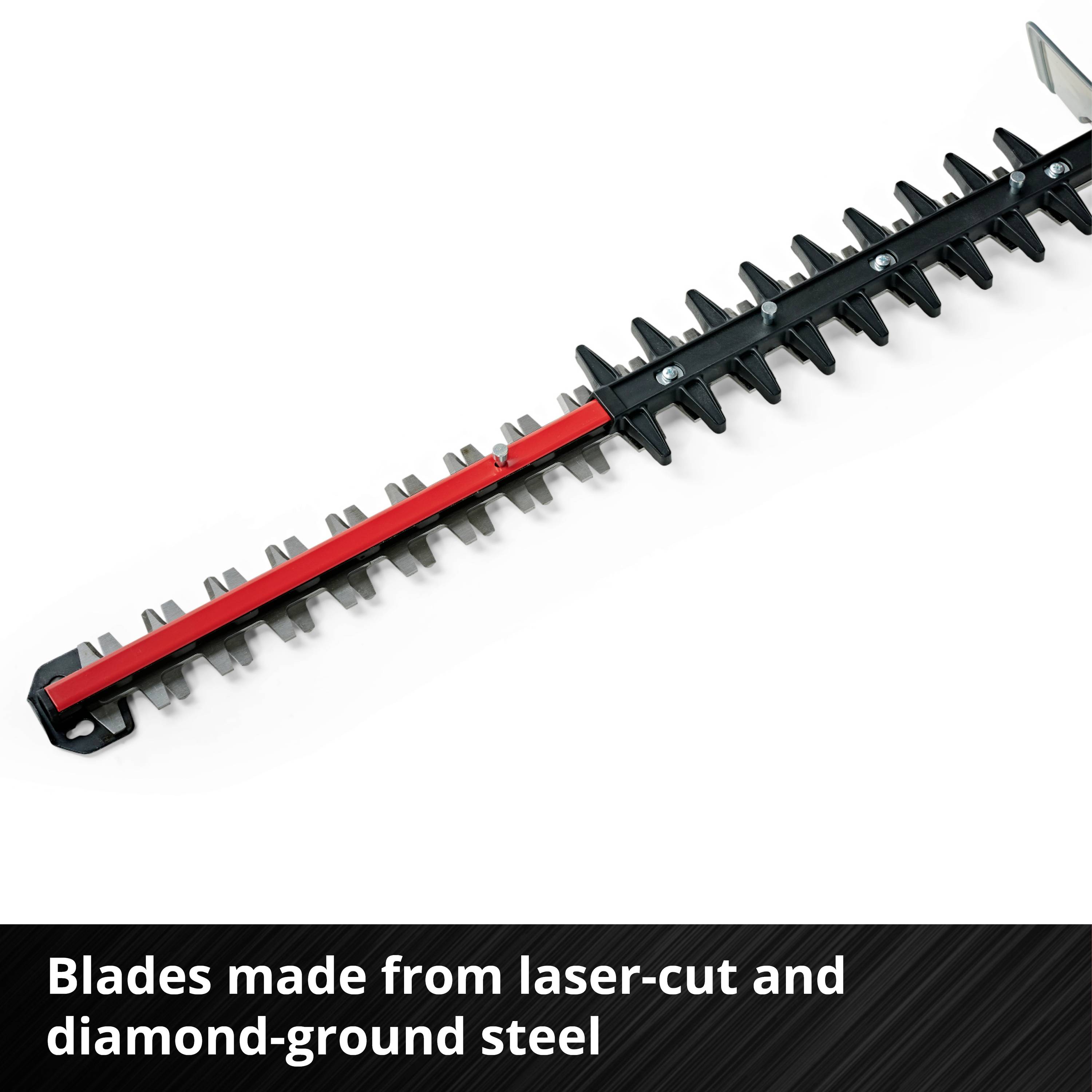 'Knives made from laser-cut and diamond-ground steel.' A long metal beam with knife-like blades along its sides.