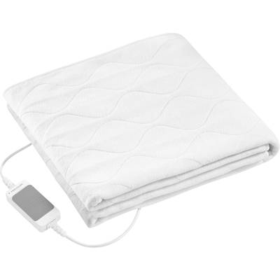 Electric heated blanket in white, folded, with attached control unit for temperature regulation.