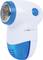 Lint shaver in white and blue; Removes lint from clothing. Plastic casing with metal cutting head, side power button.