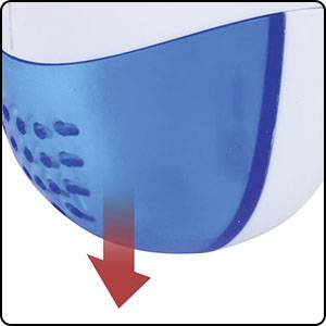 A blue, semi-transparent plastic cover with a red arrow pointing downwards.