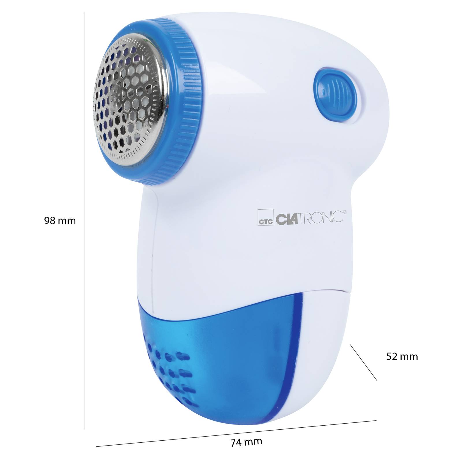 'Electric lint shaver in white and blue. Dimensions: 98 mm high, 74 mm wide, 52 mm deep. Blade cover on top, blue button on the side.'
