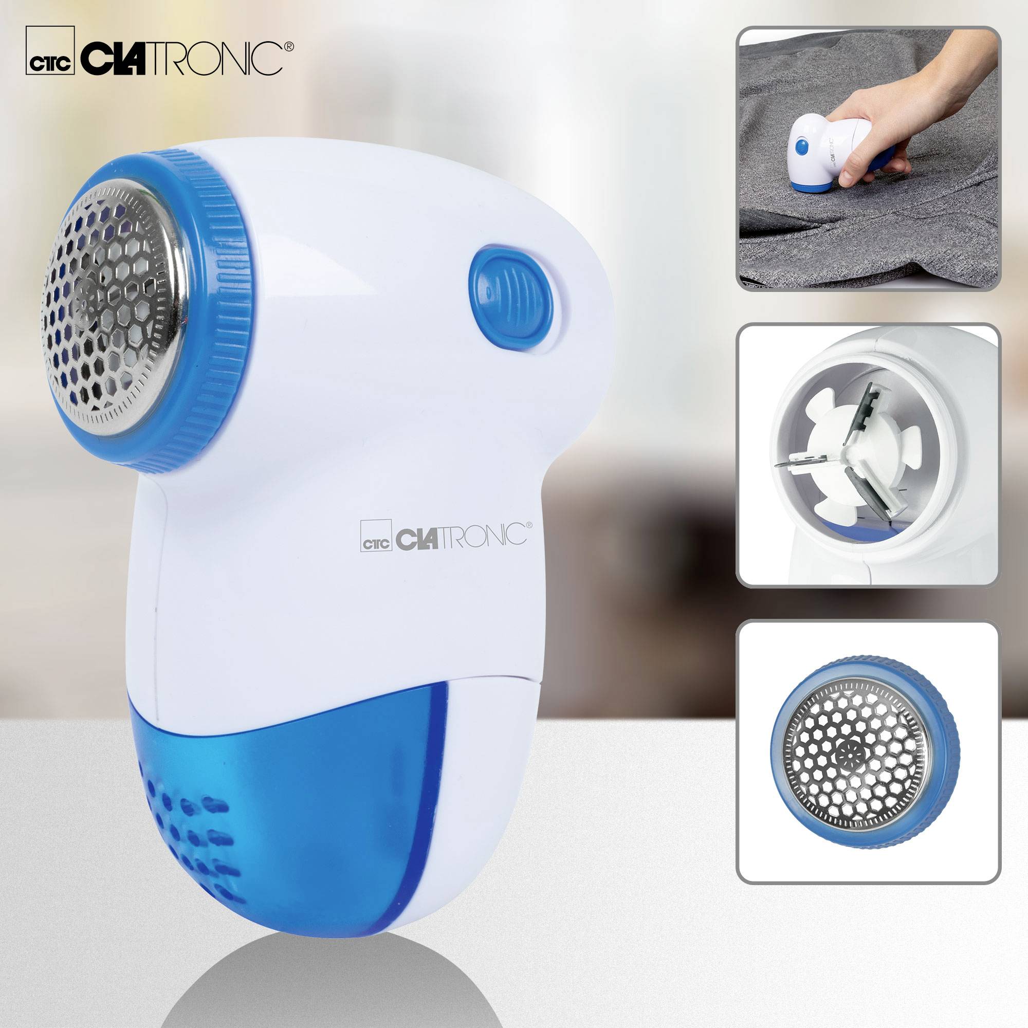 'White and blue lint shaver by Clatronic for removing lint from clothing. Detailed view of the cutting blade and handling.'