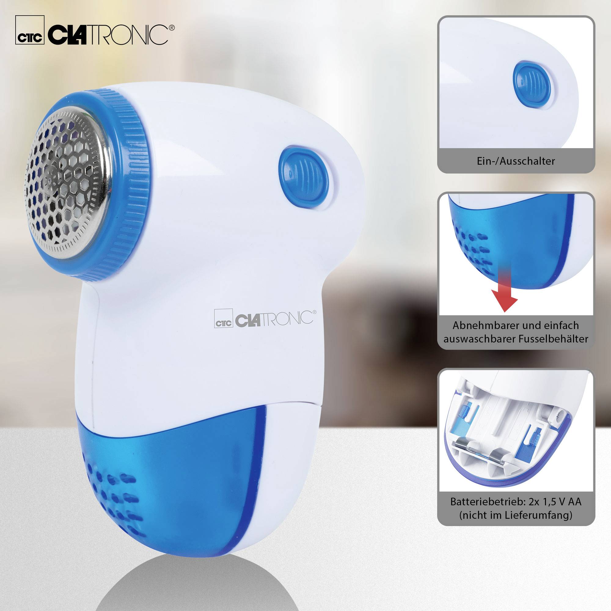 An electric lint shaver by Clatronic with a removable cutting head, on/off switch and battery-operated (2x 1.5V AA).