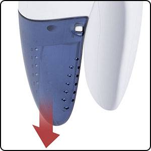 A blue and white handheld device with a removable container, showing a downward-pointing arrow, indicates the emptying of the container.