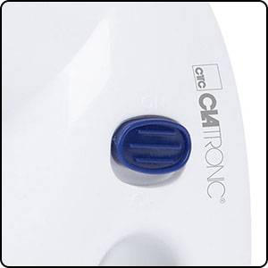 Close-up of a white household appliance with a blue switch, with the 'Clatronic' brand logo visible.