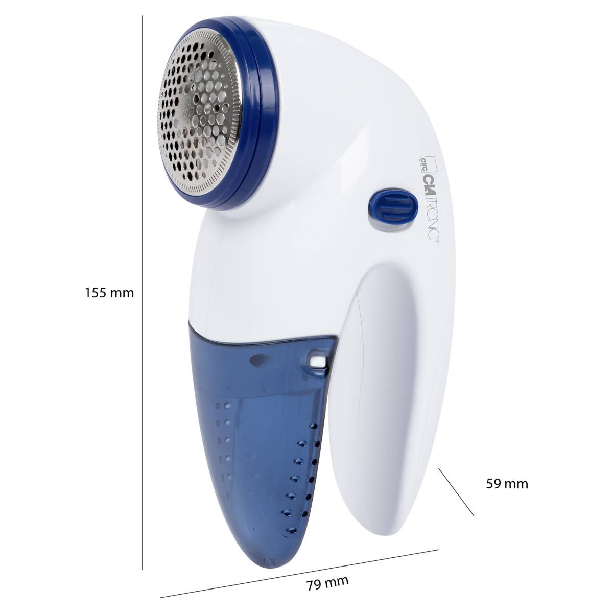 A blue and white lint shaver with collection container and cutting head. Dimensions: height 155 mm, width 79 mm, depth 59 mm.