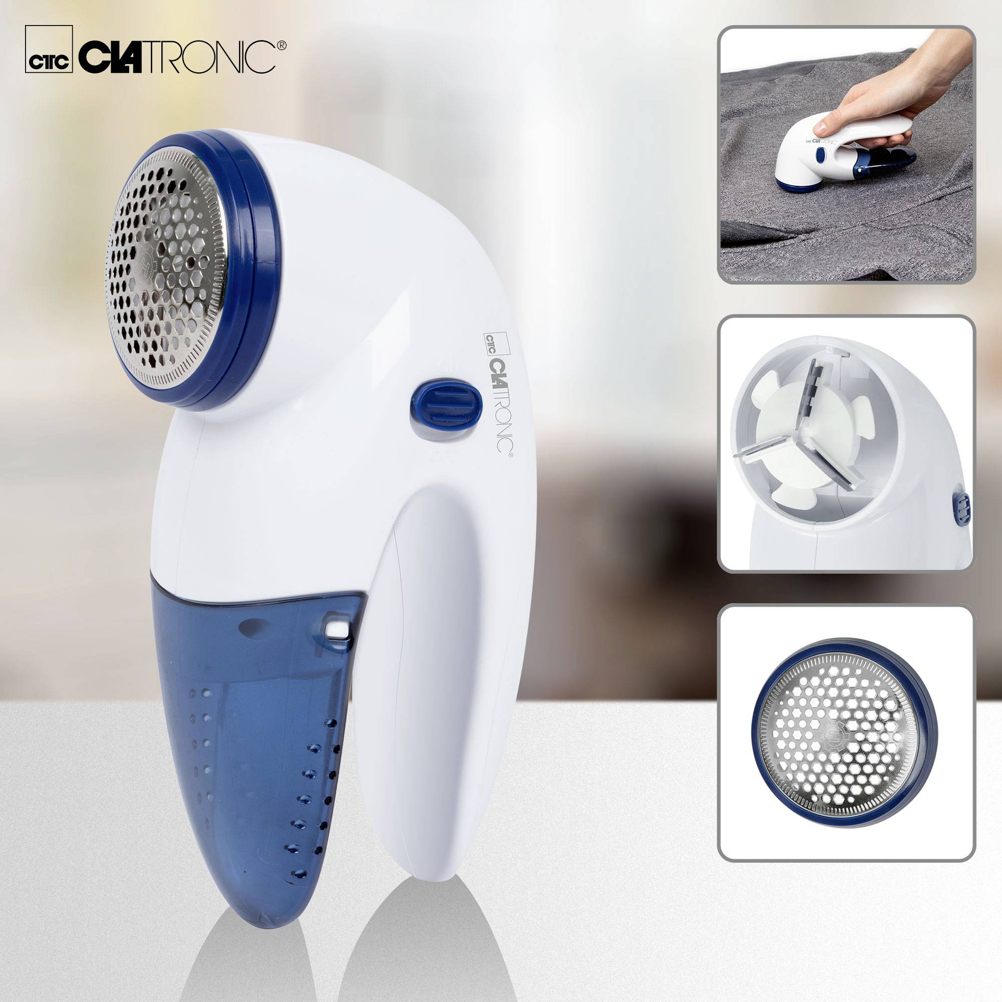 Compact, electric lint remover with blue and white casing. Suitable for cleaning clothing, including replacement blades.