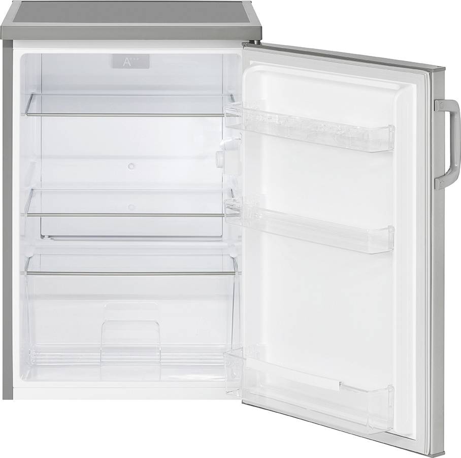An open fridge with empty shelves and door compartments. It shows the interior layout, suitable for kitchen planning purposes.