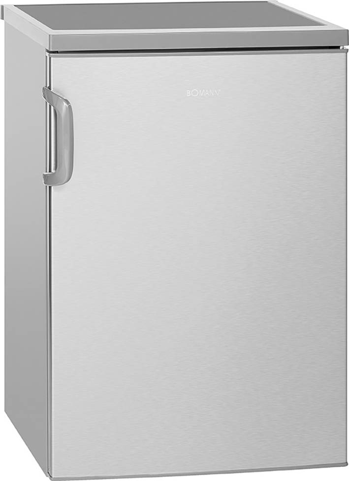 A small, freestanding, silver fridge with a side handle; simple, modern design.