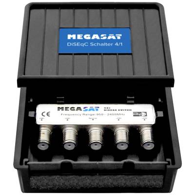 'Megasat DiSEqC Switch 4/1' shows a switch with five connections and a frequency range of 950-2400 MHz, in a black enclosure.