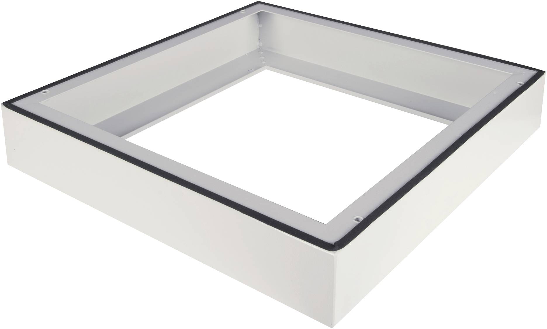 A square, white metal frame, slightly angled, with a dark border, presumably part of a ceiling or wall system.