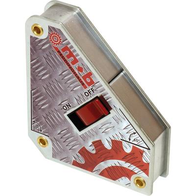 A triangular magnetic welding angle tool in red and silver, showing an on/off switch for '90°' and '45°' angles.