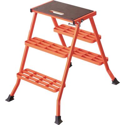 A red folding step ladder with two steps and a black top platform. Suitable for light domestic use.