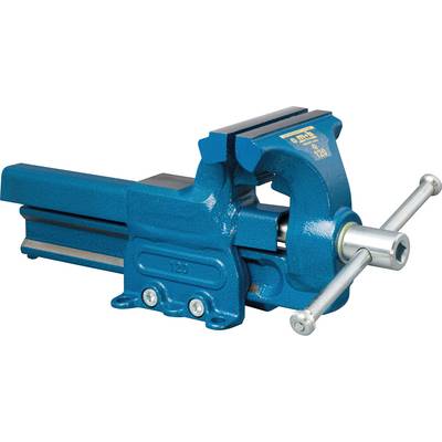 A blue vice with a silver handle, mounted on a sturdy base, is used for securing objects while working.