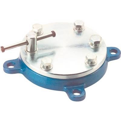 A metallic, blue flange cover with four bolts and a central handle resting on a smooth surface.