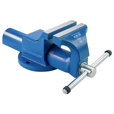 Blue metal bench vise with a threaded handle and jaws open, shown on a white background.