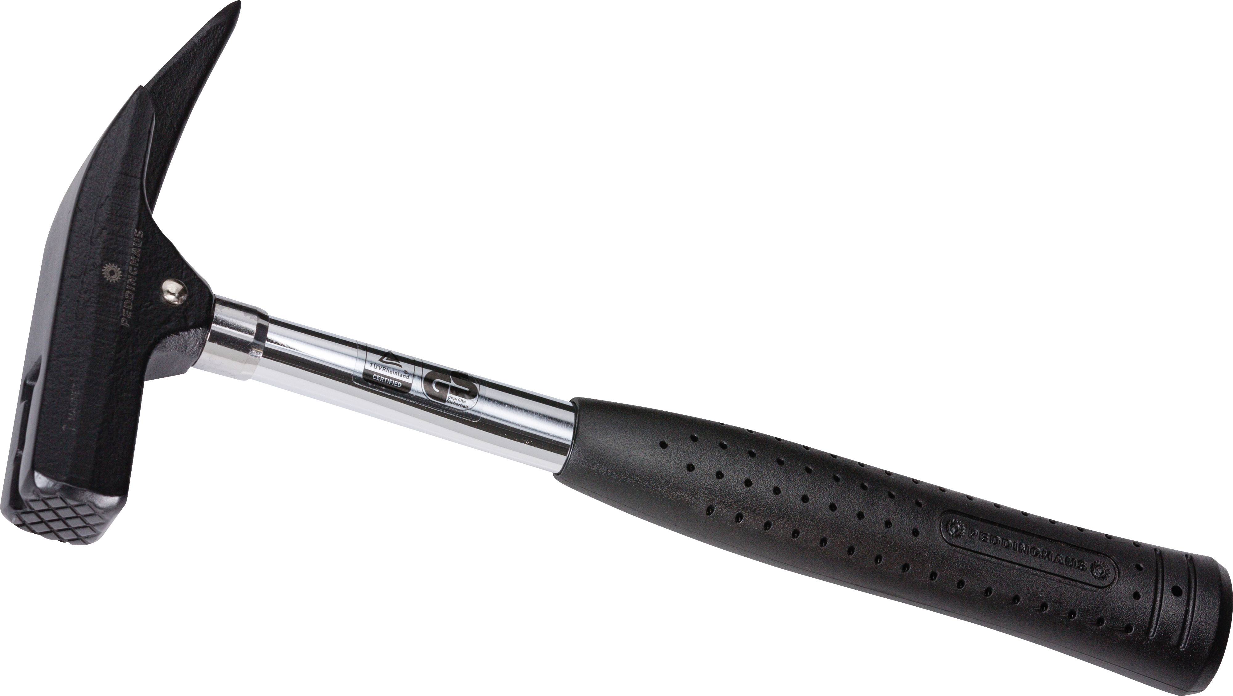A geological hammer with a black head and handle, ideal for rock examination and sample collection during geological fieldwork.