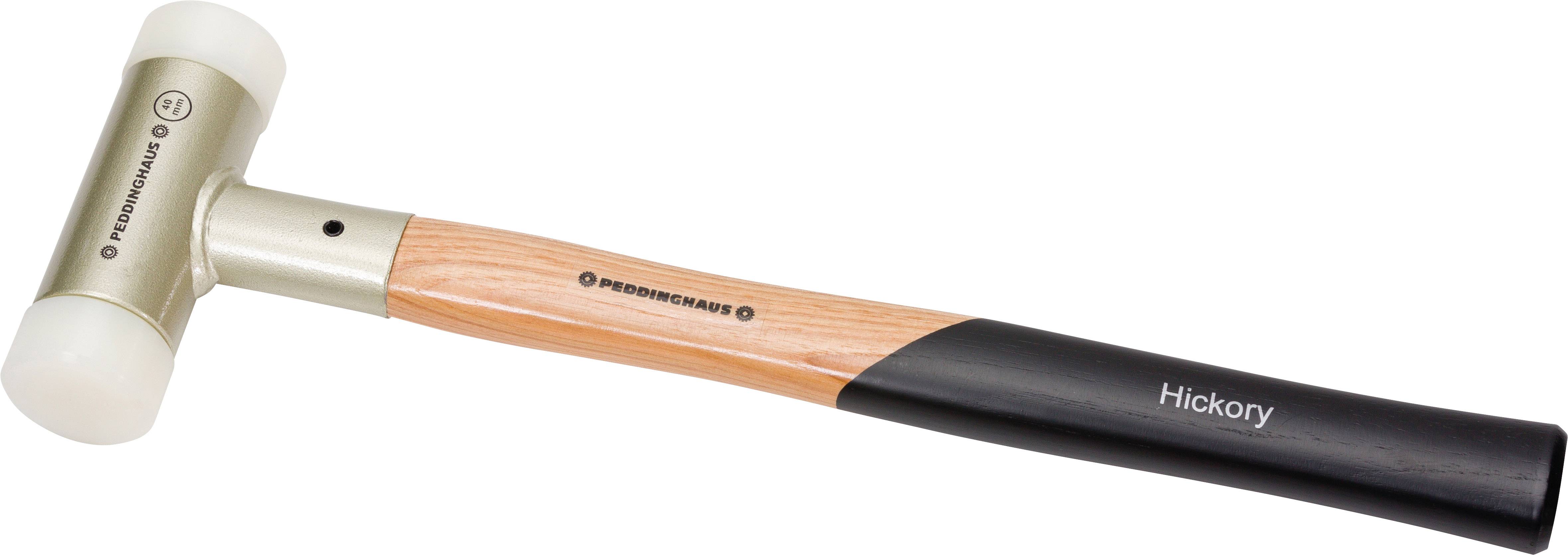 Rubber mallet with a light wooden handle and metal head, featuring white rubber ends on both sides. Printed with 'Hickory'.