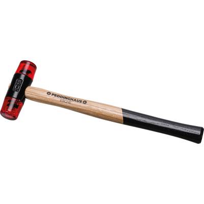 A hammer with a wooden handle and red plastic head is lying on a white surface. The text 'Peddinghaus Esche' is printed on the handle.