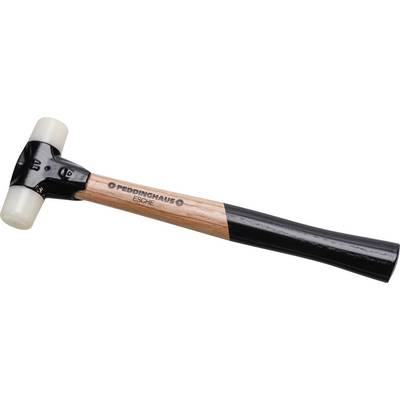 A hammer with plastic heads and a wooden handle, Peddinghaus brand, lies diagonally. The handle is made of ash, and the heads are white.