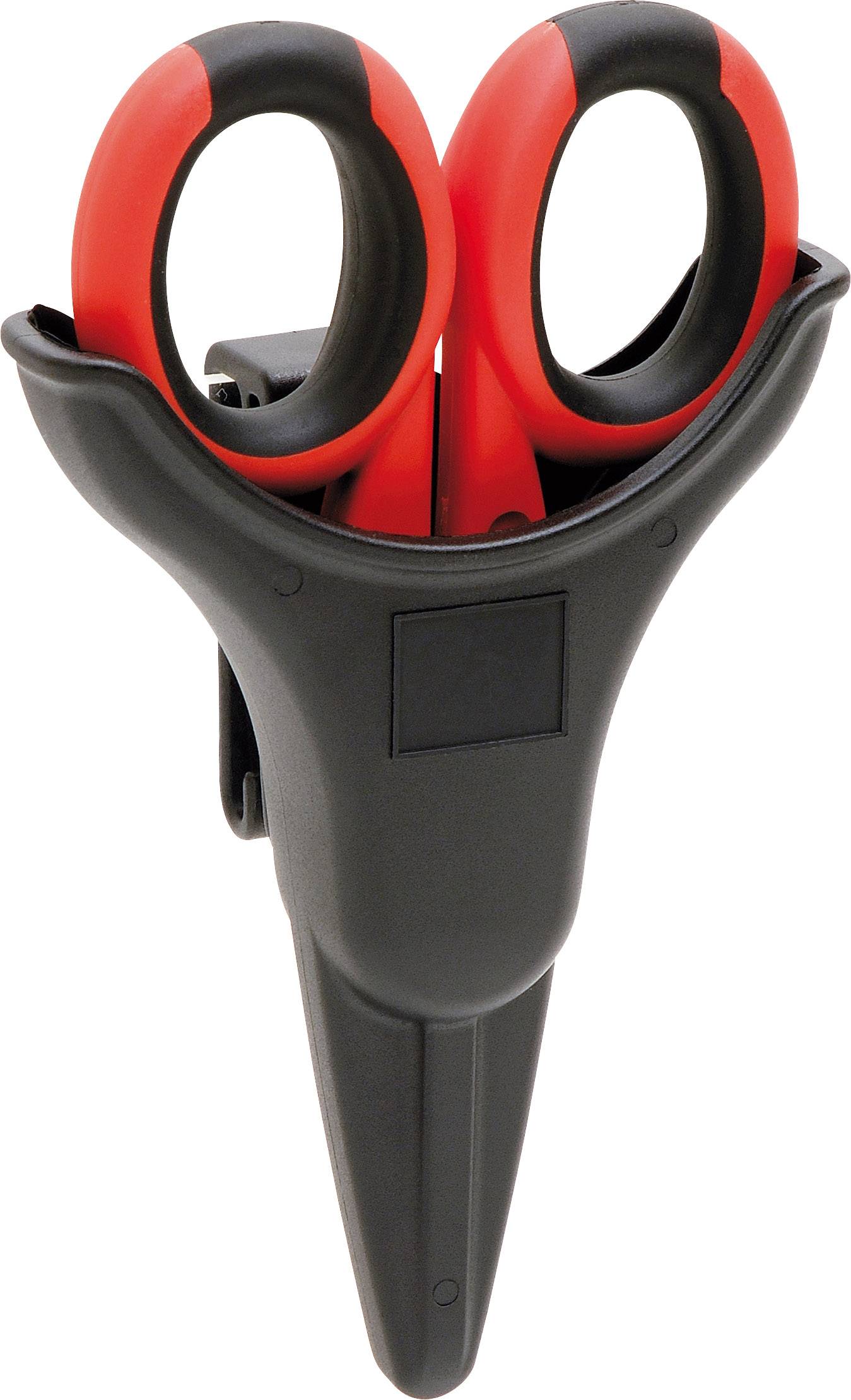 A black pair of scissors in a black security holster. The handles of the scissors are red and black.