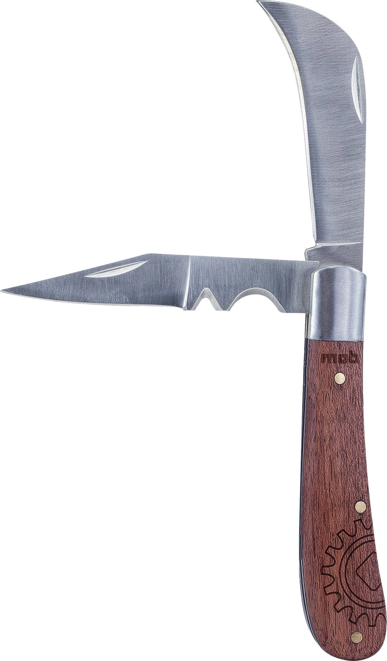 A penknife with two unfolded blades and a wooden handle. The blades are pointing in opposite directions.