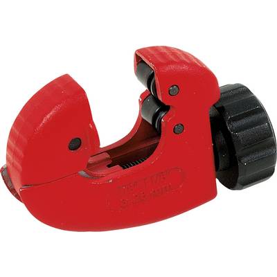 Red pipe cutting tool with black handle, for cutting metal pipes.