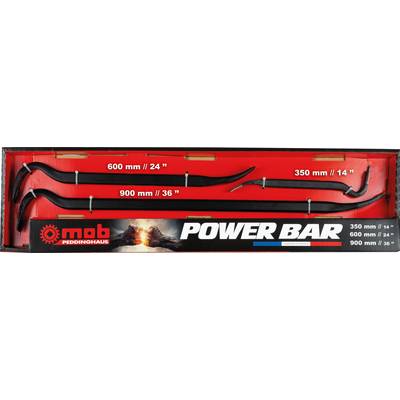 Three crowbars in different sizes (350 mm, 600 mm, 900 mm) lie on a red background. Label: 'Power Bar'.