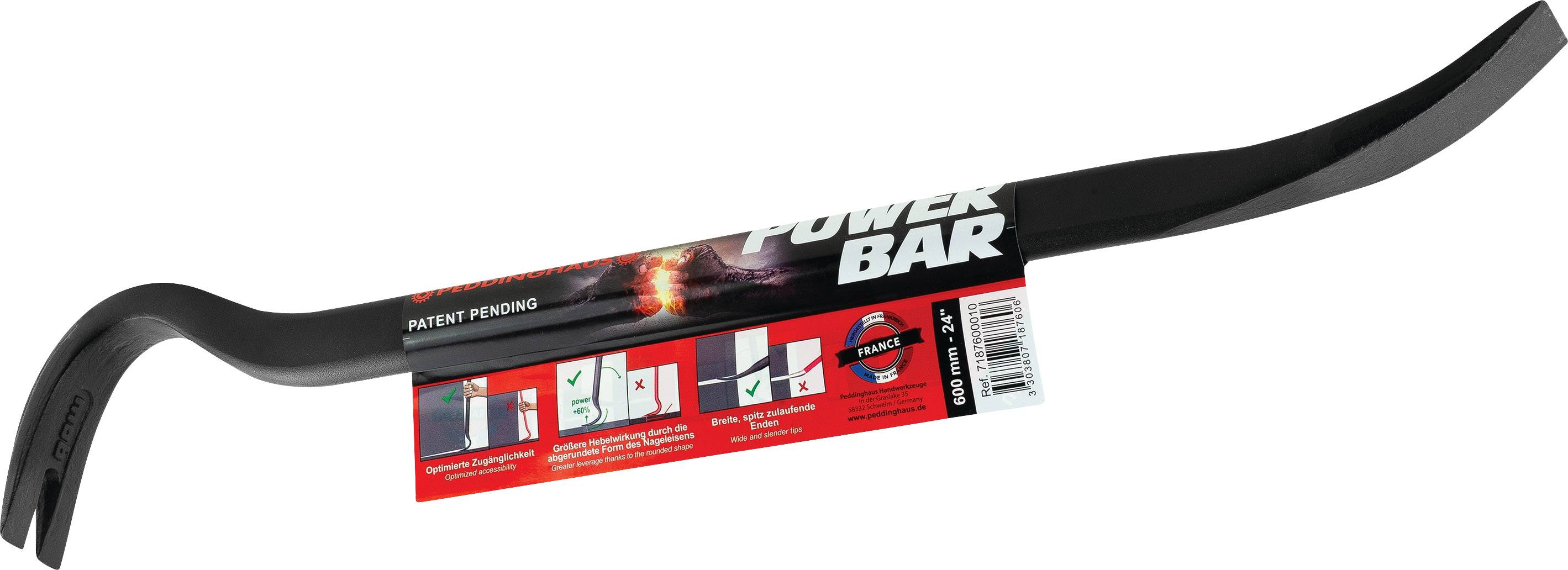 A crowbar with 'Power Bar' inscription, black, pictured in front of a red cardboard background with product information and images of its intended use.