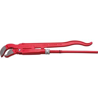 Metal pipe wrench with serrated jaws and an adjustable handle, used for plumbing work.